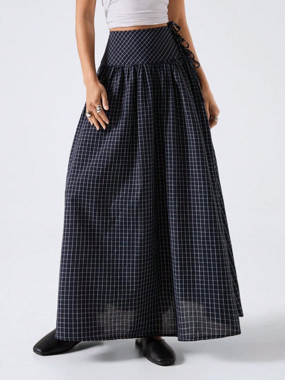 Multicolor Casual Women's Plaid Low Rise Flared Side Tie Maxi Skirt - Picture 4 of 6